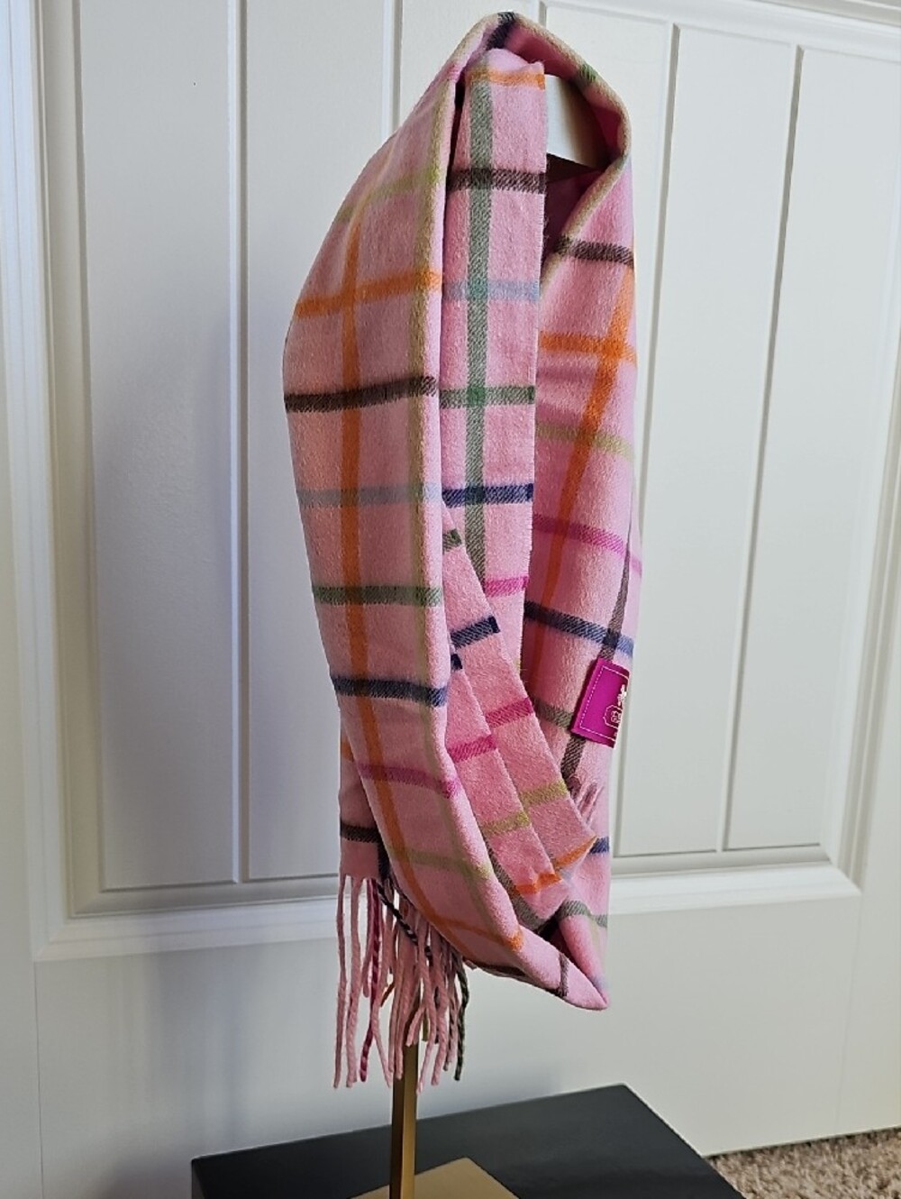 COACH Pink Tattersall Plaid 100% Cashmere Fringed Scarf | NWOT - Picture 6 of 7